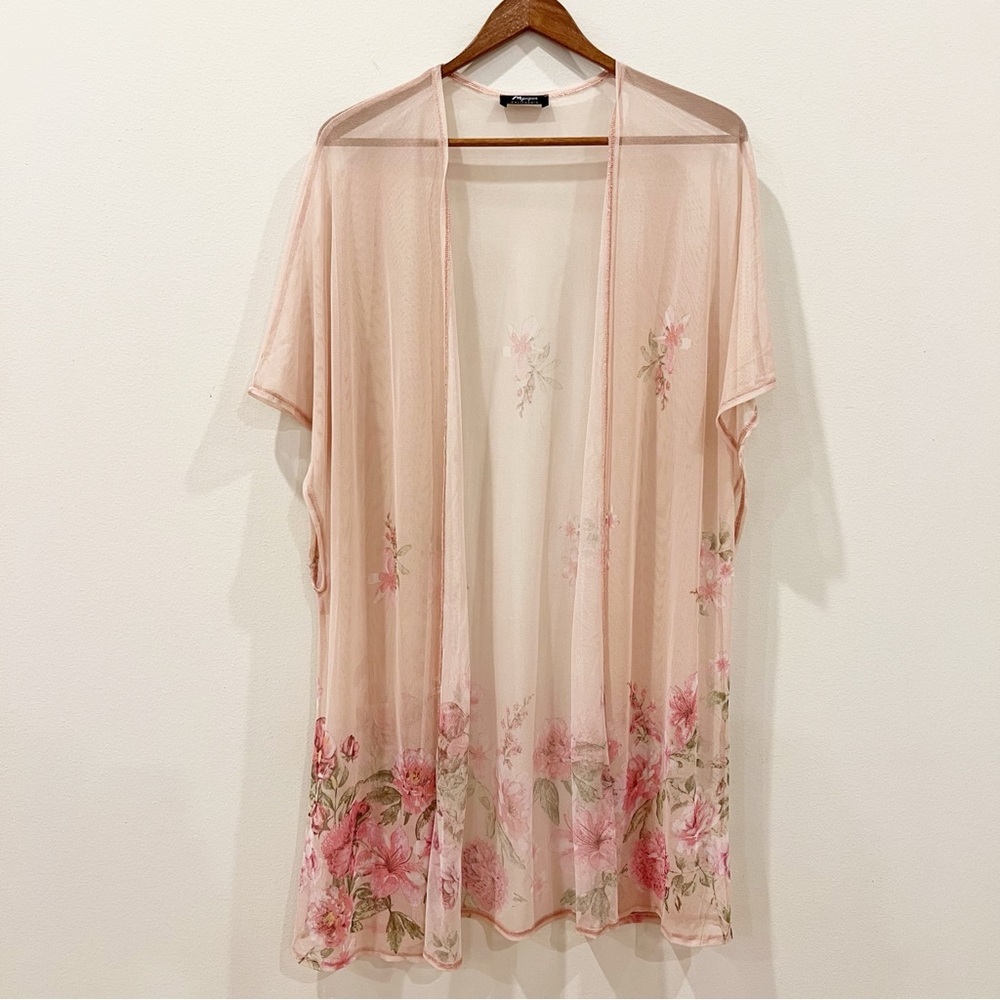 Myesper Kimono Top Womens Large Pink Sheer Mesh Floral Boho Fairy Feminine
